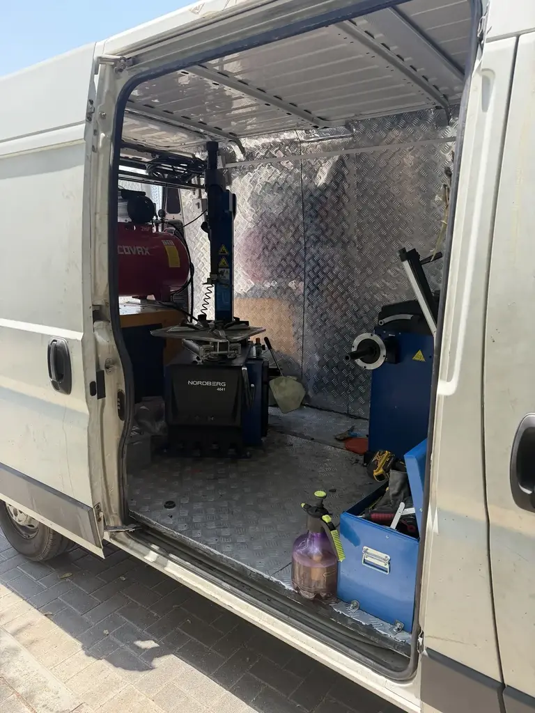 Fully equipped mobile tyre workshop inside the service van